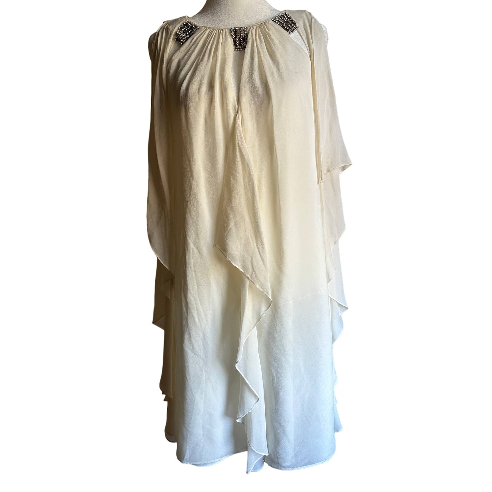 Badgley Mischka Collection Cream Jeweled Neck Ruffle Dress Little White Small